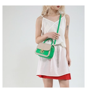 Close-up of the elegant gold CD buckle and green leather texture on the woven small bag