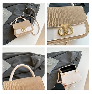 Detail shots of the color-block handbag showing straw texture and golden rotary lock