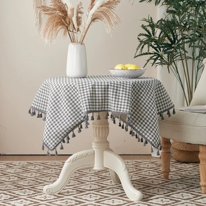 Gingham Check Tablecloth Cotton Polyester Blend With Tassel Fringe Dustproof Heat Resistant Nordic Style Table Cover
