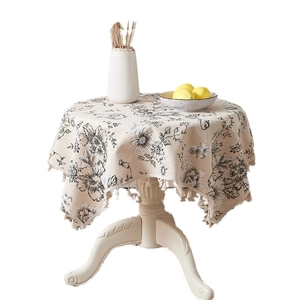 Ink floral cotton linen round tablecloth with vintage fringe for home dining decor
