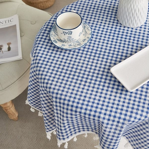 Blue gingham cotton linen tablecloth with white tassel fringe for home dining tables