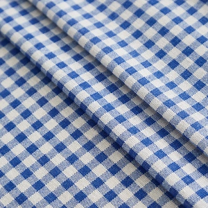 Close-up detail of blue and white gingham check linen tablecloth with woven texture
