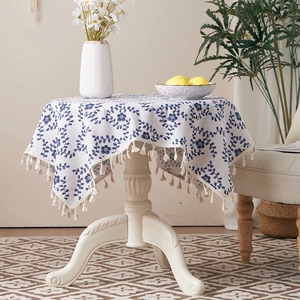 Floral Vine Tablecloth Cotton Linen Blend Heat Resistant Dustproof With Tassels Nordic Style Decorative Table Cover