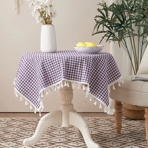 Purple Gingham Tablecloth Polyester Cotton Heat Resistant Dustproof White Tassel Fringe For Dining Table Nordic Style