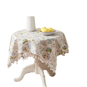 Green leaf pattern cotton linen round tablecloth with elegant beige fringe tassel edges