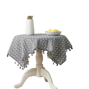 Grey and white herringbone cotton linen tablecloth with fringe for round dining tables