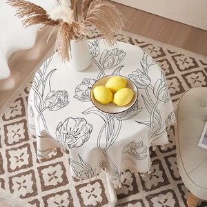 Round cotton linen tablecloth with tulip patterns and tassel edges for home dining decor
