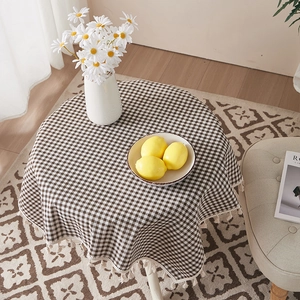 Classic coffee and white plaid cotton linen round tablecloth with handmade tassels