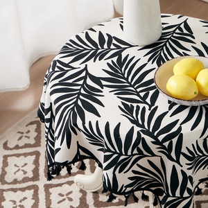 Tropical palm leaf cotton linen tablecloth with black tassels for home dining decor