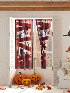 Detailed view of Halloween door curtain with blood stains and scary warning text