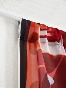 Detail of Halloween ghost hand curtain showing semi-transparent fabric and abstract print