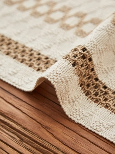 Detail of woven linen placemat showing thick texture and bohemian stitching on wood