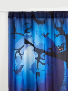 Blue Halloween curtain with black bats, spider webs and spooky branch motifs