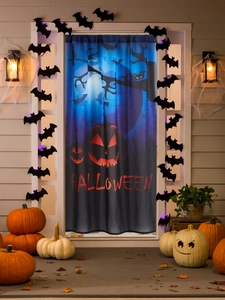 Detailed Halloween curtain with Jack-o'-lanterns, bats and moonlight scenery