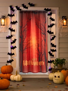 Halloween door curtain featuring Happy Halloween text with bats and spooky trees design