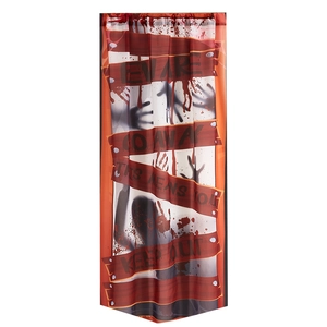 Halloween bloody handprint door curtain with BEWARE and KEEP OUT warning signs