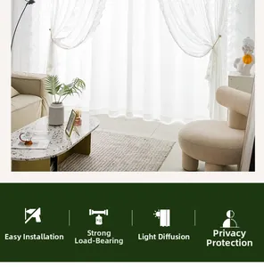 Detailed view of white lace curtain with wavy edges and intricate crochet floral patterns