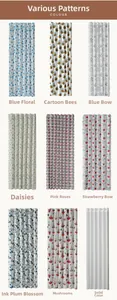 Detail view of 9 printed folding door curtains with floral and cartoon patterns