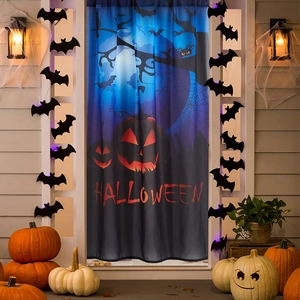 Halloween Door Curtain PET Fabric Pumpkin Bat Spider Web Print Backdrop Scary Creepy Festive Doorway Window Decoration