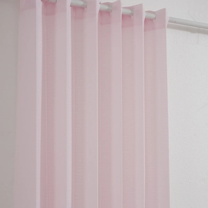 Pink striped folding partition curtain with a sheer vertical texture and grommet top design