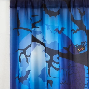 Halloween blue tulle curtain featuring bats, spiders, and webs for festive home decoration