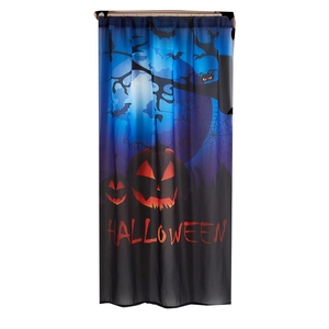 Halloween door curtain with glowing pumpkins, bats and trees on dark blue fabric