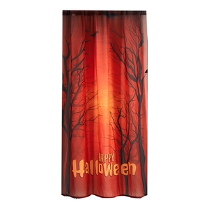 Halloween curtain with Happy Halloween text, bats, and trees on orange gradient fabric