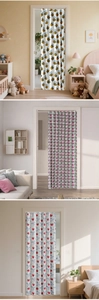 Detail of folding door curtains with floral and honeybee prints on textured fabric