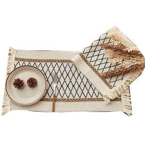 Bohemian cotton linen table runner with geometric diamond patterns and fringe