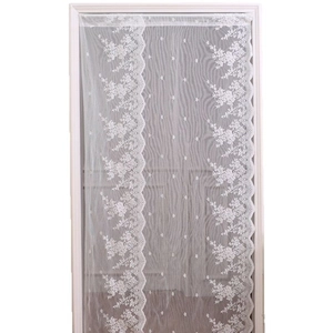 White floral embroidered lace curtain with scalloped edges for doors and room dividers