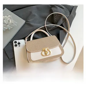 Detail of contrast mini crossbody bag with woven texture lid and golden metal lock