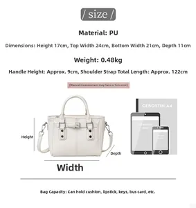 Detailed dimension guide for white PU leather tote bag with strap and size chart