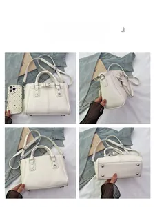 Four-angle view of white litchi pattern tote bag showing handles, strap, and studded base