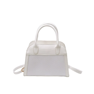 White contrast crossbody bag with woven texture and Fashion & Bags text on white background