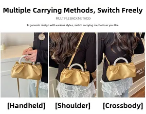 Detailed views of gold pleated handbag with pearl handle and versatile shoulder strap