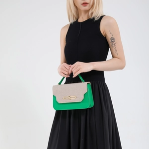 Chic patchwork green and beige crossbody handbag with golden metal twist lock for women