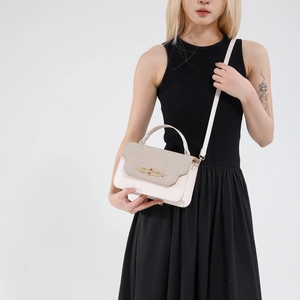 Chic patchwork crossbody bag with beige woven flap and cream leather for women