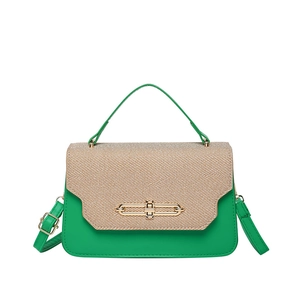 Fashion patchwork handbag with green leather and straw flap shown in a front view