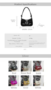 Detailed dimensions and color options for the pleated rhinestone crossbody bag