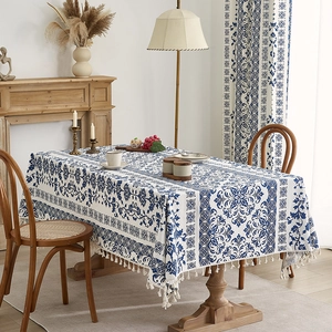 Rectangular Tablecloth Polyester Cotton Blue And White Floral Pattern Dustproof Heat Resistant With Tassels Vintage Style