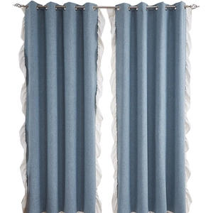 Rideaux occultants en lin bleu-gris avec volants blancs et œillets pour salon et balcon