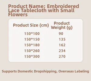 Size chart for floral lace tablecloths showing dimensions from 150x100cm up to 150x300cm