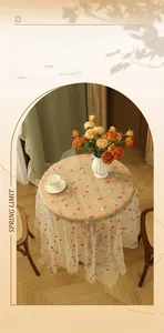 Detail of white lace tablecloth featuring colorful floral embroidery on a round table