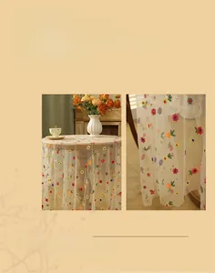 Close-up of vintage mesh tablecloth showing colorful floral embroidery and delicate texture