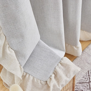 Thickened light grey linen curtains with beige ruffle trim for living room decor