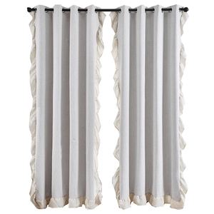 Thick light grey linen curtains with ruffles and metal grommets on a white background