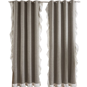 Thick grey and white linen curtains with ruffles and silver metal eyelets, set of 2 panels