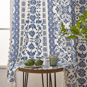 Blue mandala porcelain pattern curtains with bohemian tassels for living room decor