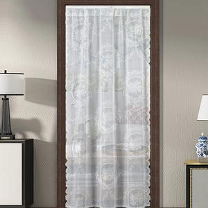 French vintage white lace door curtain with floral embroidery and wavy scalloped edges