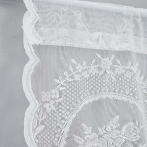White French vintage lace door curtain featuring rose floral patterns and scalloped edges